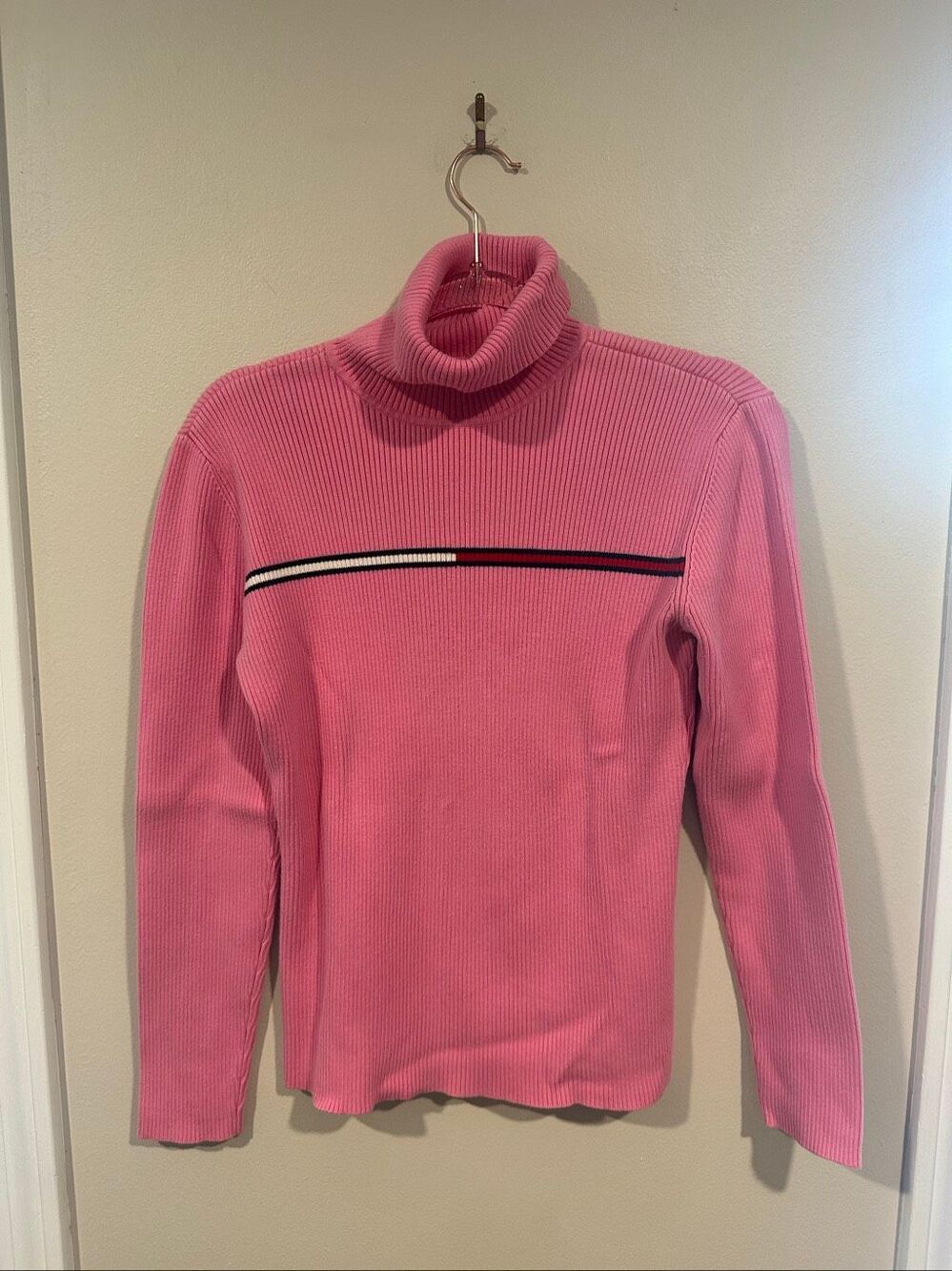 Womens 90's/Y2k Tommy Hilfiger Sweater Turtle Neck Flag Logo Pink Ribbed Size Me